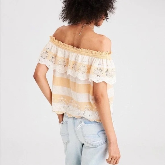 Nwt American Eagle Off the Shoulder Gold and White Wide Striped Cotton Top Small - Picture 2 of 4